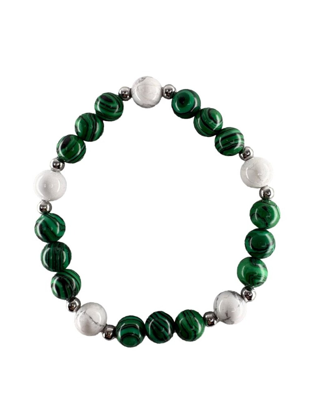 8mm Green Malachite White Howlite Beaded Stretch Bracelet 6.75" Stainless Steel